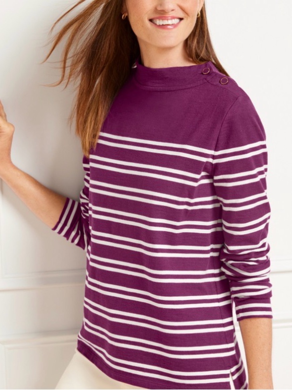 Talbots Plus | Purple/White Stripe 100% Cotton Button-Detail Mockneck Top Sz 3X